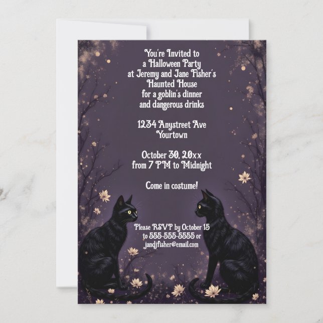 Invitation Fête d'Halloween Chats noirs et fleurs (Devant)