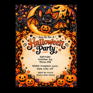 Invitation Fête d'Halloween Chauve-Souris Mignonne et Effraya