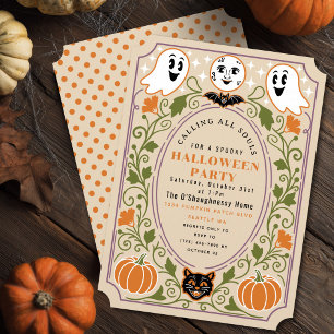Invitation Fête d'Halloween Citrouille Chat Fantôme Vintage