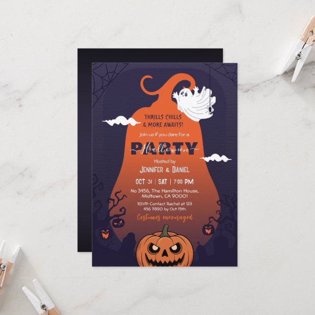 Invitation Fête d'Halloween Citrouille Fantôme Cimetière Viol (Devant/Arrière en situation)
