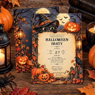 Invitation Fête d'Halloween Citrouilles Chat Noir Drôle  