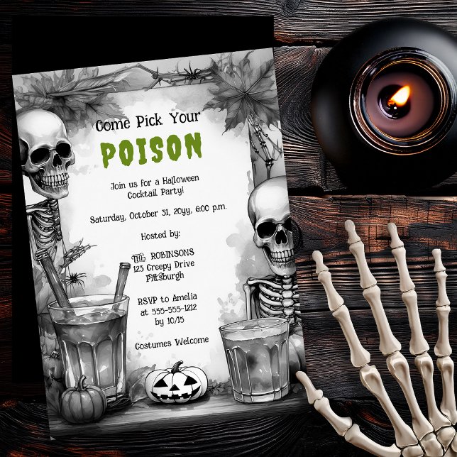 Invitation Fête d'Halloween Cocktail empoisonné squelette vin (Vintage skeleton poison cocktail Halloween party invitation)