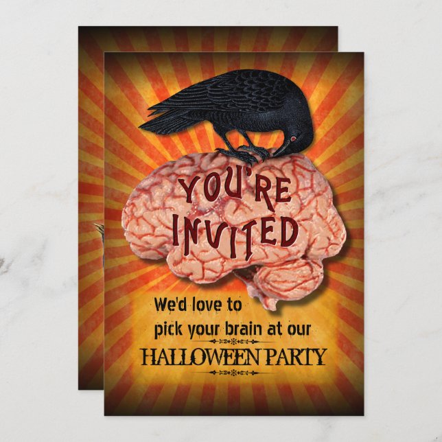 Invitation Fête d'Halloween - Corbeau Déplaisant sur le cerve (Devant / Derrière)