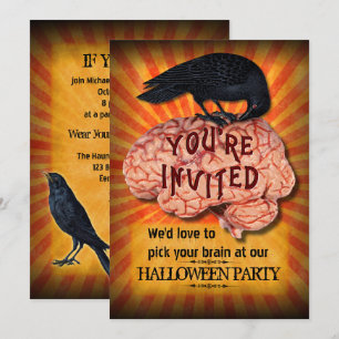 Invitation Fête d'Halloween - Corbeau Déplaisant sur le cerve