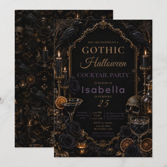 Invitation Fête d'Halloween Corbeau Gothique (Devant / Derrière)