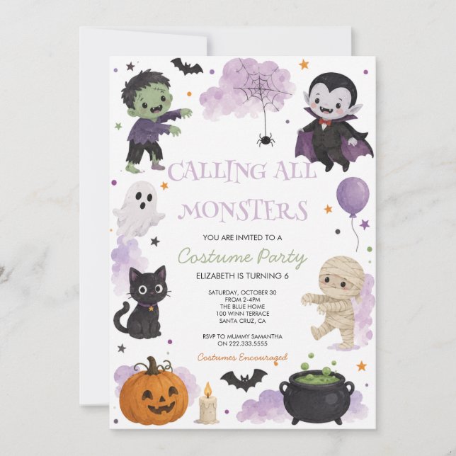 Invitation Fête d'Halloween Costume aquarelle mignonne  (Devant)