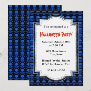Invitation Fête d'Halloween Crâne Bleu et Osselets