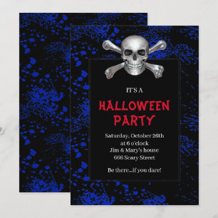 Invitation Fête d'Halloween crâne et os croisés bleu éclabous