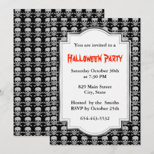Invitation Fête d'Halloween Crâne et Os Croix d'Argent
