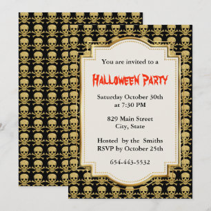 Invitation Fête d'Halloween Crâne et Os en Or