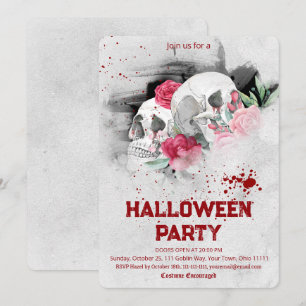 Invitation Fête d'Halloween Crâne Floral Aquarelle Gothique