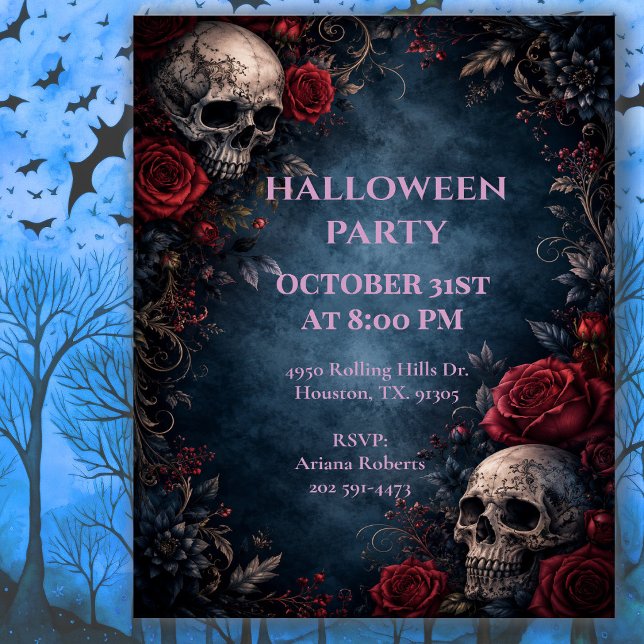 Invitation Fête d'Halloween Crâne Floral de Minuit (Créateur téléchargé)