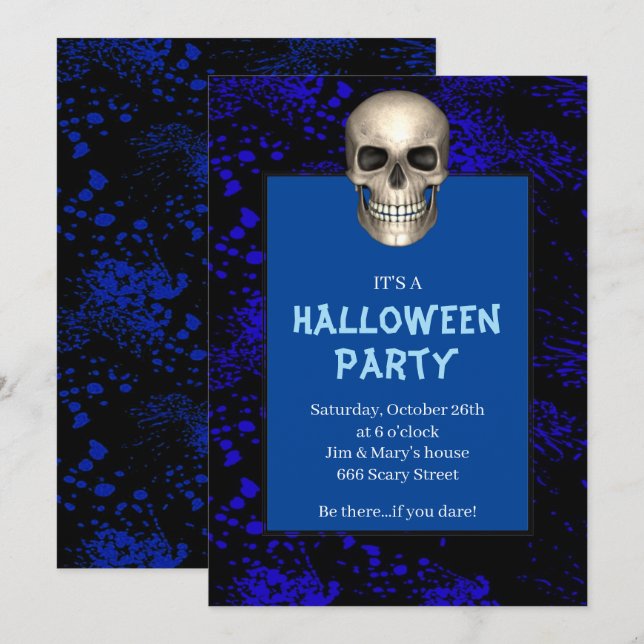 Invitation Fête d'Halloween crâne gothique éclaboussé de bleu (Devant / Derrière)