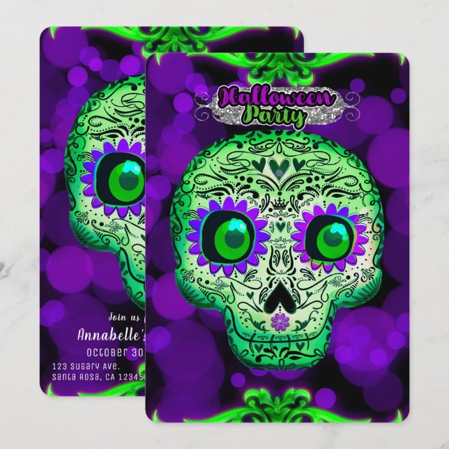 Invitation Fête d'Halloween crâne lumineux vert et violet (Devant / Derrière)