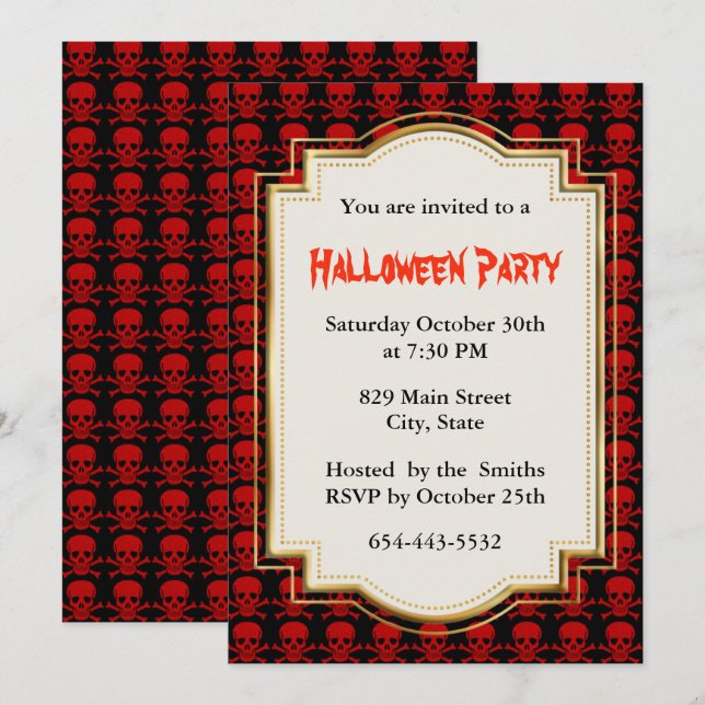 Invitation Fête d'Halloween Crâne Rouge et Os Croisés (Devant / Derrière)