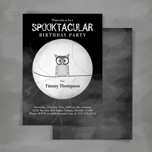 Invitation Fête d'Halloween de Chouette noire et blanche (Halloween Spooktacular Birthday invitation with spooky owl.)