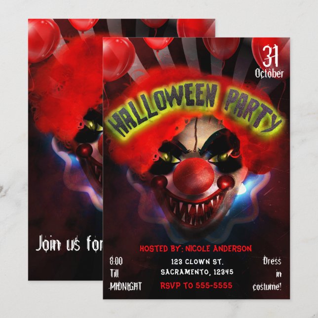 Invitation Fête d'Halloween de clown tueur effrayant et sinis (Devant / Derrière)