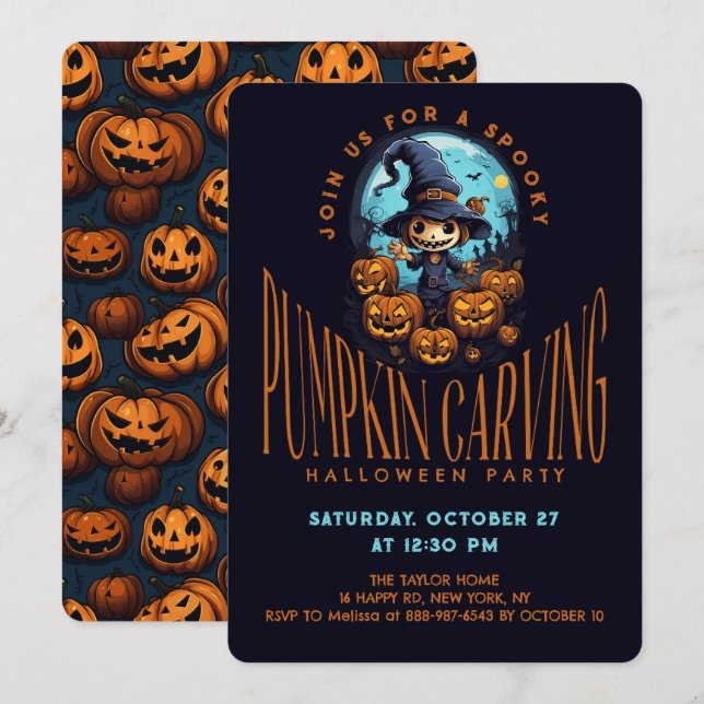 Invitation Fête d'Halloween de découpage de citrouille effray (Devant / Derrière)
