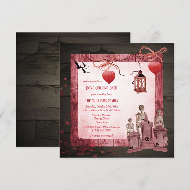 Invitation Fête d'Halloween de la famille squelette (Devant / Derrière)