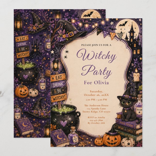 Invitation Fête d'Halloween de sorcière mignonne (Devant / Derrière)