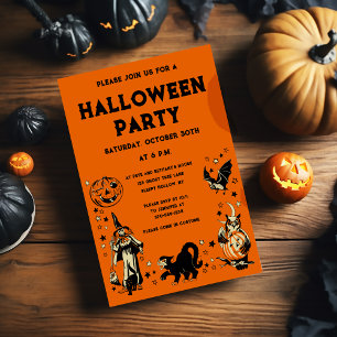 Invitation Fête d'Halloween de style vintage noir et orange