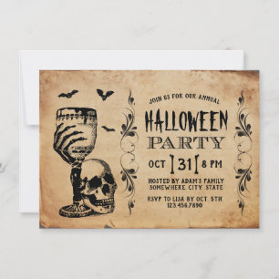 Invitation Fête d'Halloween des chauves-souris crâniennes vin