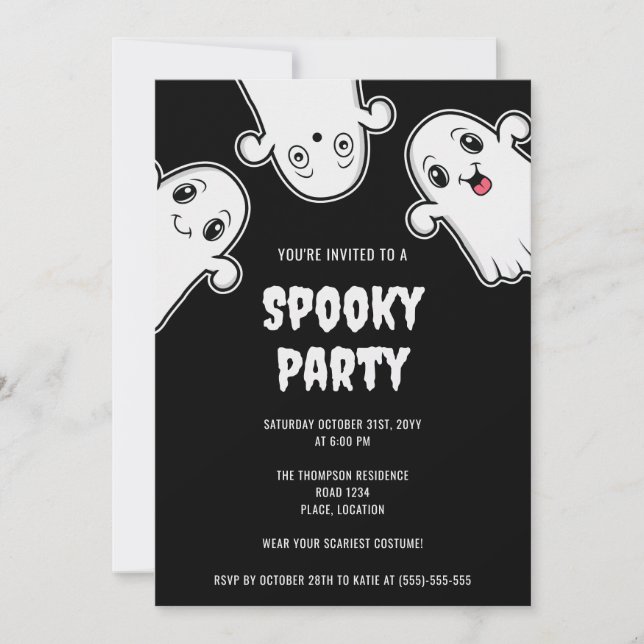 Invitation Fête d'Halloween des fantômes effrayants Noir et B (Devant)