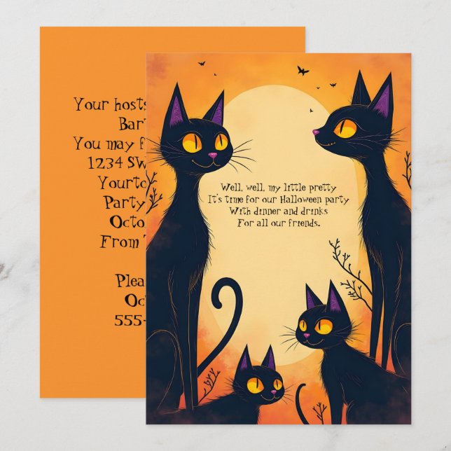 Invitation Fête d'Halloween des Grands Chats Noirs (Devant / Derrière)