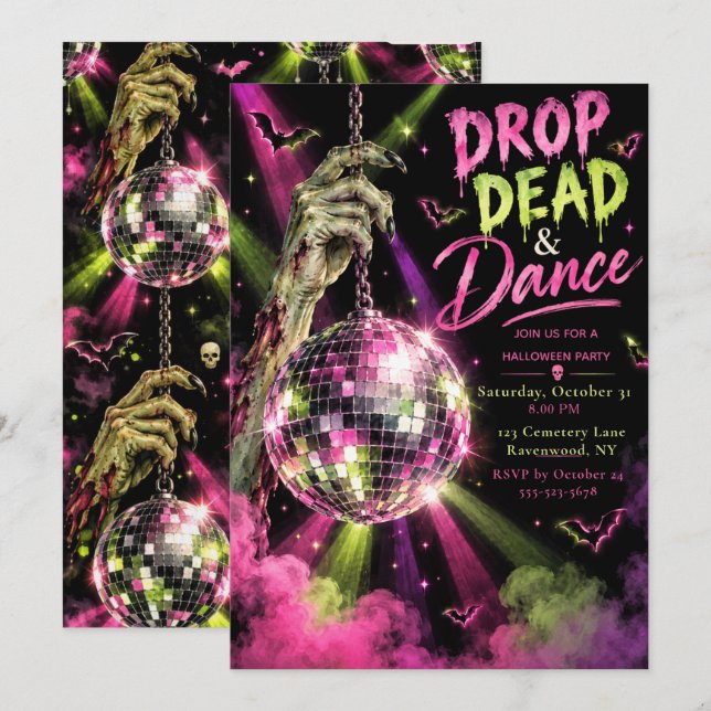 Invitation Fête d'Halloween Drop Dead & Dance (Devant / Derrière)