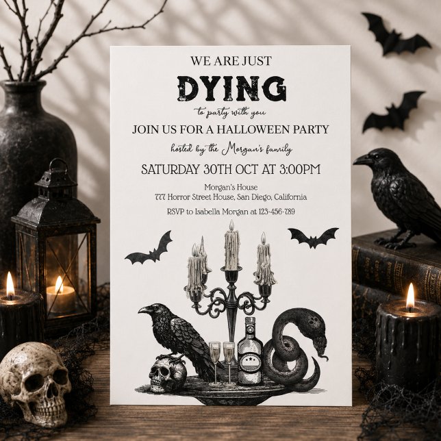 Invitation Fête d'Halloween effrayante - Corbeau, Crâne & Cha (Créateur téléchargé)