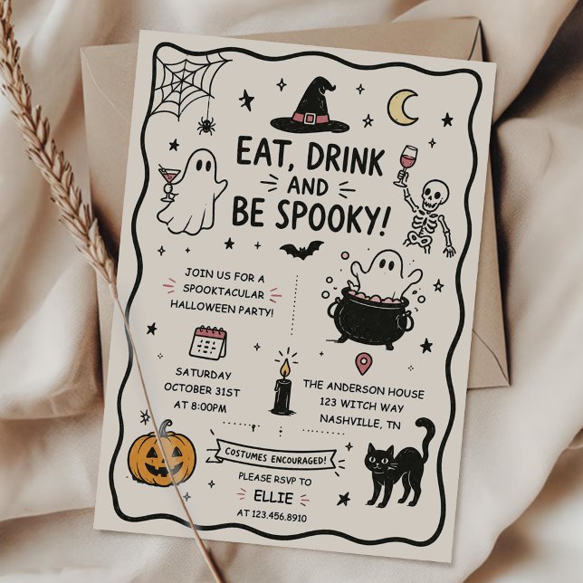 Invitation Fête d'Halloween effrayante Manger Boire dessinée  (Créateur téléchargé)