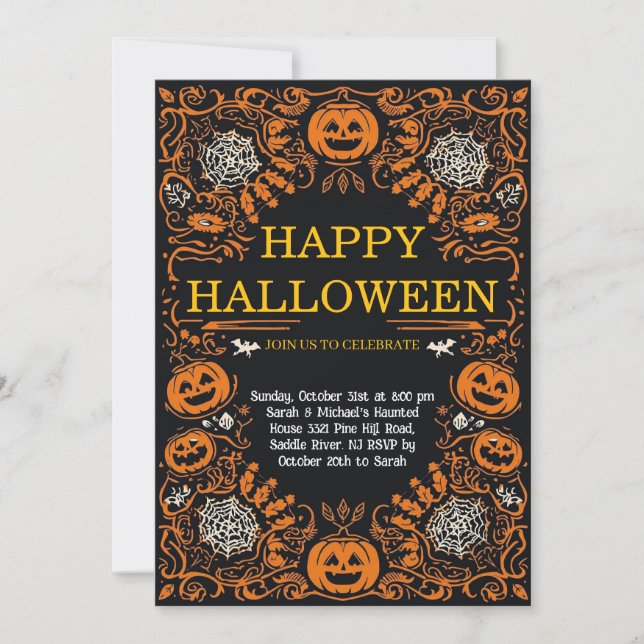 Invitation Fête d'Halloween élégante citrouille et toile d'ar (Devant)