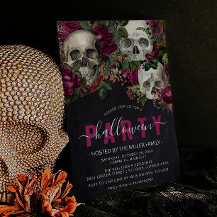 Invitation Fête d'Halloween élégante et florale au crâne chic