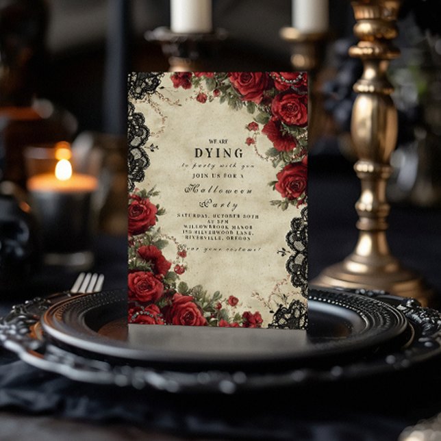 Invitation Fête d'Halloween en dentelle de rose rouge gothiqu (Créateur téléchargé)