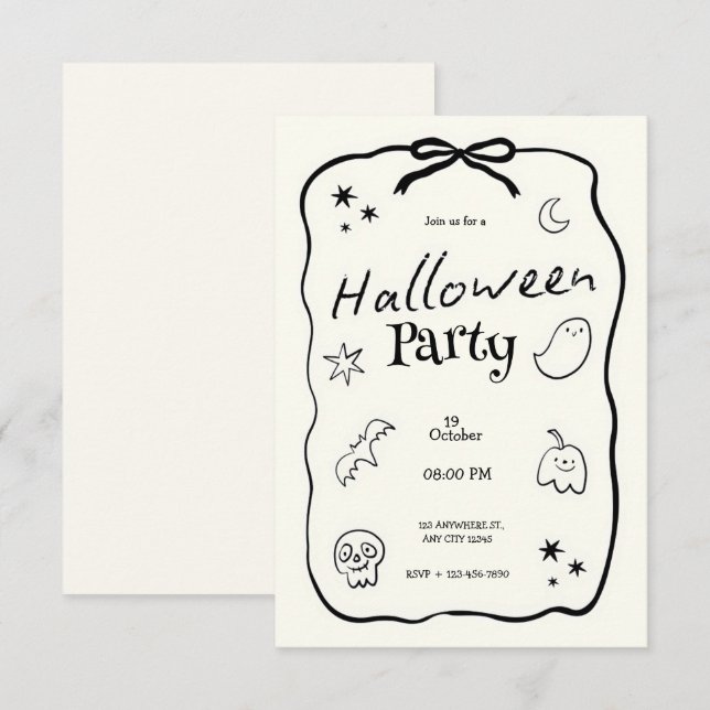 Invitation Fête d'Halloween en noir et blanc (Devant / Derrière)