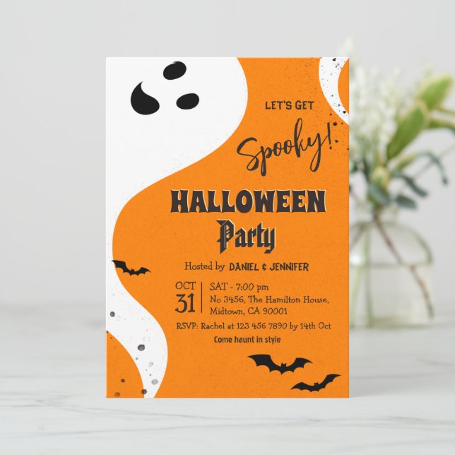 Invitation Fête d'Halloween Fantôme Allons-y Spooky Orange Ch (Debout devant)