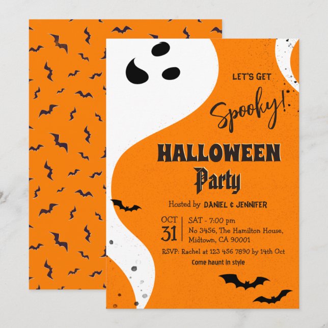 Invitation Fête d'Halloween Fantôme Allons-y Spooky Orange Ch (Devant / Derrière)