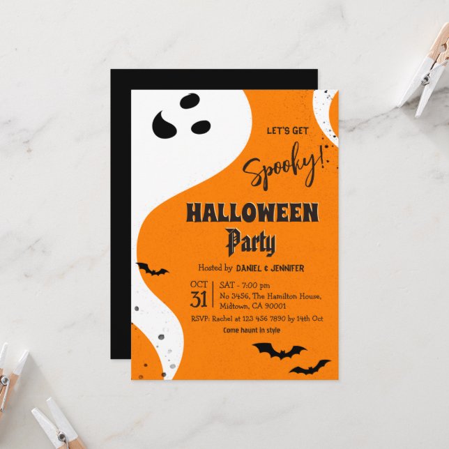 Invitation Fête d'Halloween Fantôme Allons-y Spooky Orange Ch (Devant/Arrière en situation)