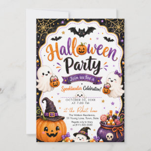 Invitation Fête d'Halloween Fantôme Citrouille Pailletée Hall