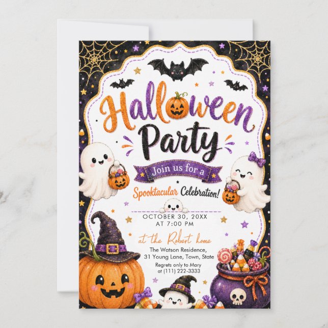 Invitation Fête d'Halloween Fantôme Citrouille Pailletée Hall (Devant)