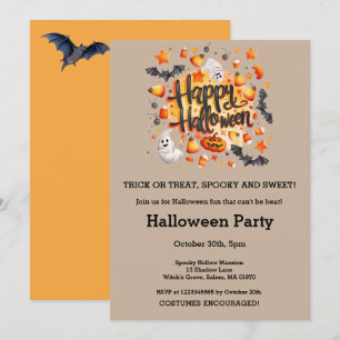 Invitation Fête d'Halloween Fantômes Chauves-Souris Maïs Sucr