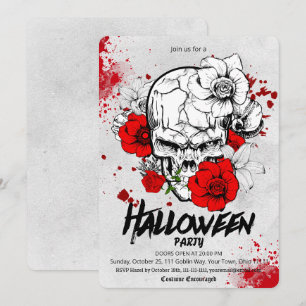 Invitation Fête d'Halloween Fleur Rouge Crâne Esquisse Gothiq