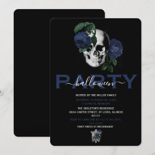 Invitation Fête d'Halloween Fleurie Crâne Bleu Marine Élégant