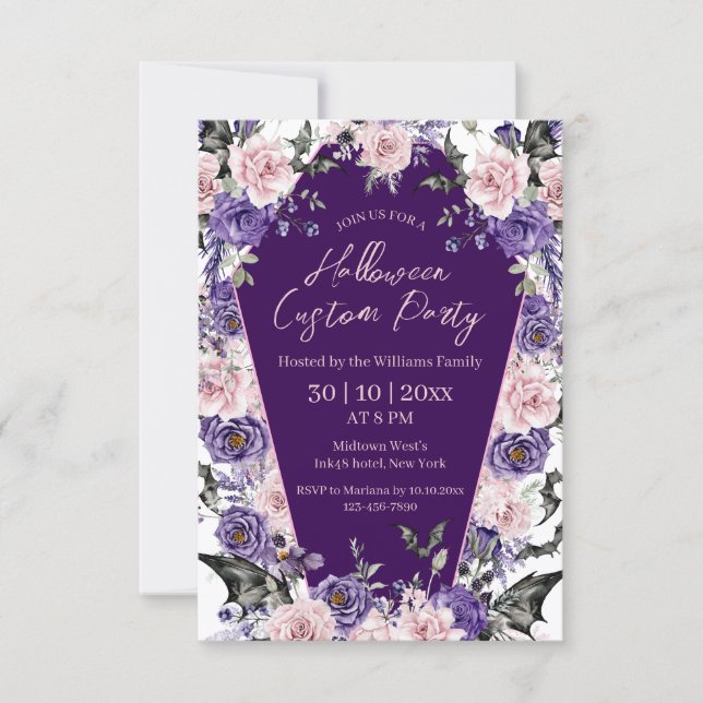 Invitation Fête d'Halloween Fleurie Gothique Violet Cercueil (Devant)