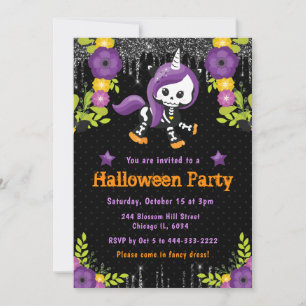 Invitation Fête d'Halloween Fleurie Licorne Mignonne