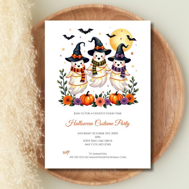 Invitation Fête d'Halloween Fleurs Citrouilles Chauves-souris (Cute Ghosts Halloween Party Invitation for kids and adults. All fields are editable)