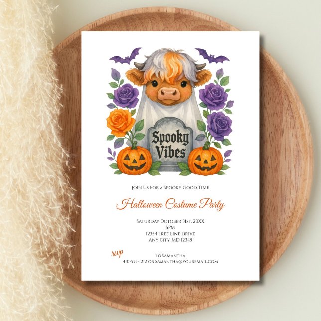 Invitation Fête d'Halloween Fleurs Fantômes de Vache des High (Cute Highland Cow Ghost Halloween Party Invitation. Perfect for Adults or kids)