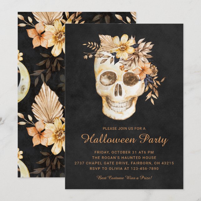 Invitation Fête d'Halloween Floral Crâne Rustique (Devant / Derrière)