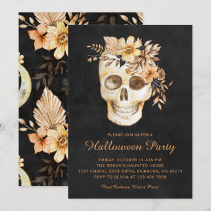 Invitation Fête d'Halloween Floral Crâne Rustique