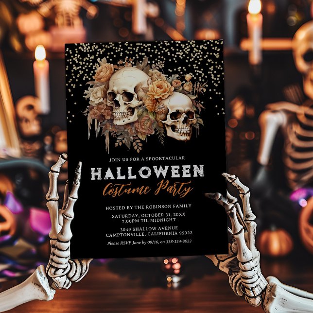 Invitation Fête d'Halloween Florale et Crâne Élégant (Créateur téléchargé)